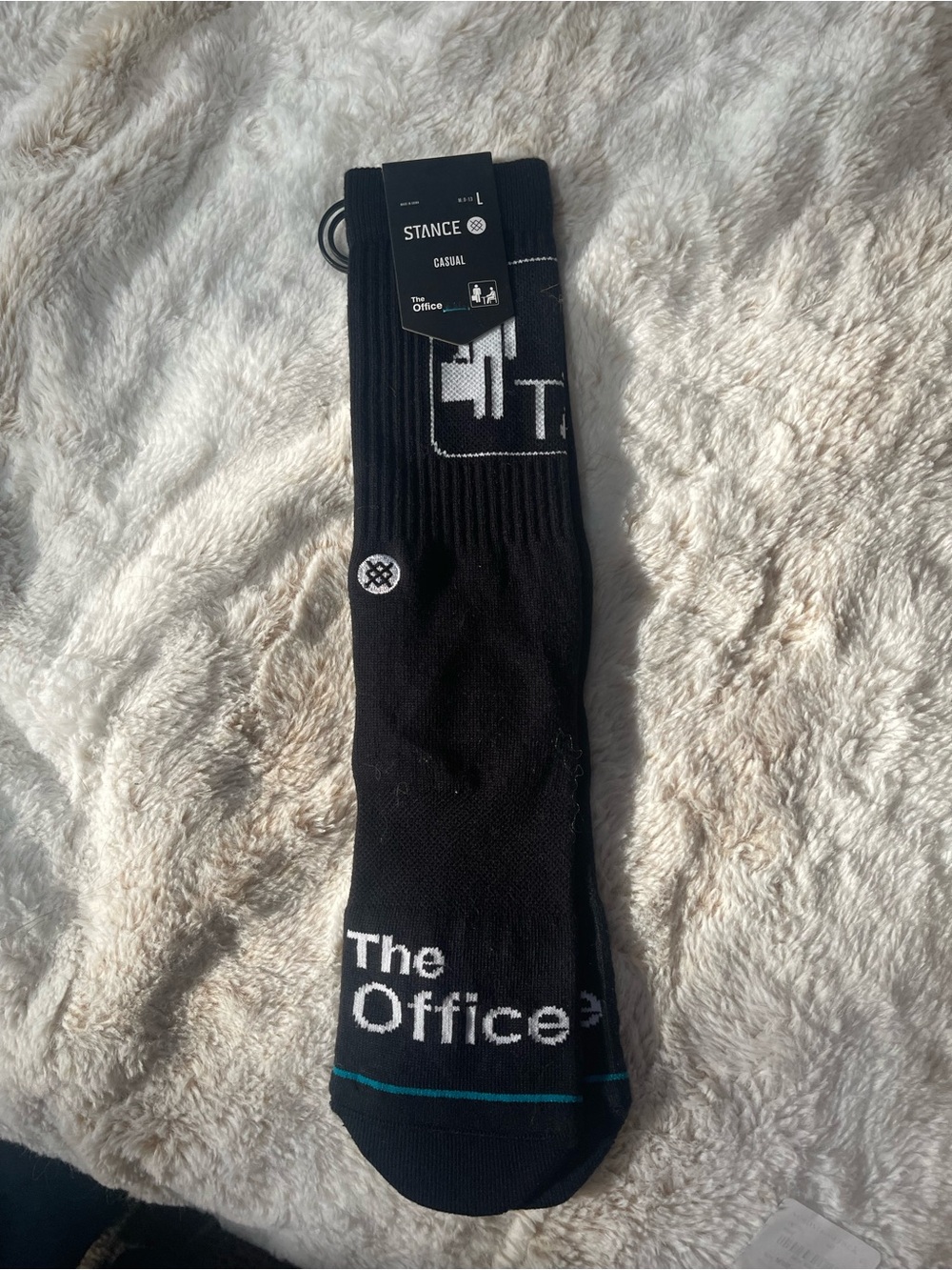 Stance The Office Black Crew Socks with White Logo and Teal Accent